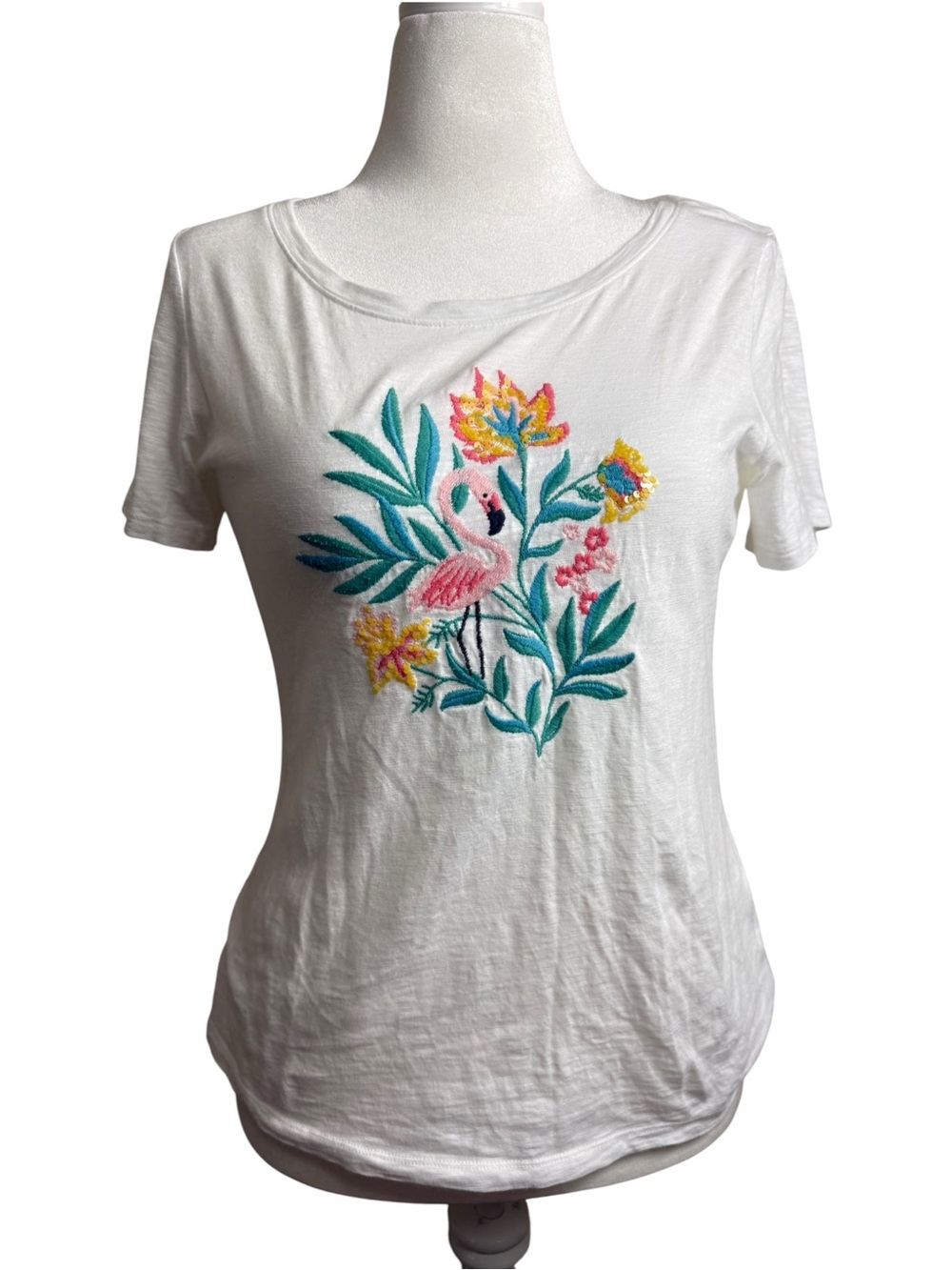 Talbots White Tee with Embroidered Pink Flamingo and Tropical Motif size small